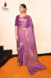 Lilac Mushru Satin Banarasi Handloom Saree With Meenakri Border